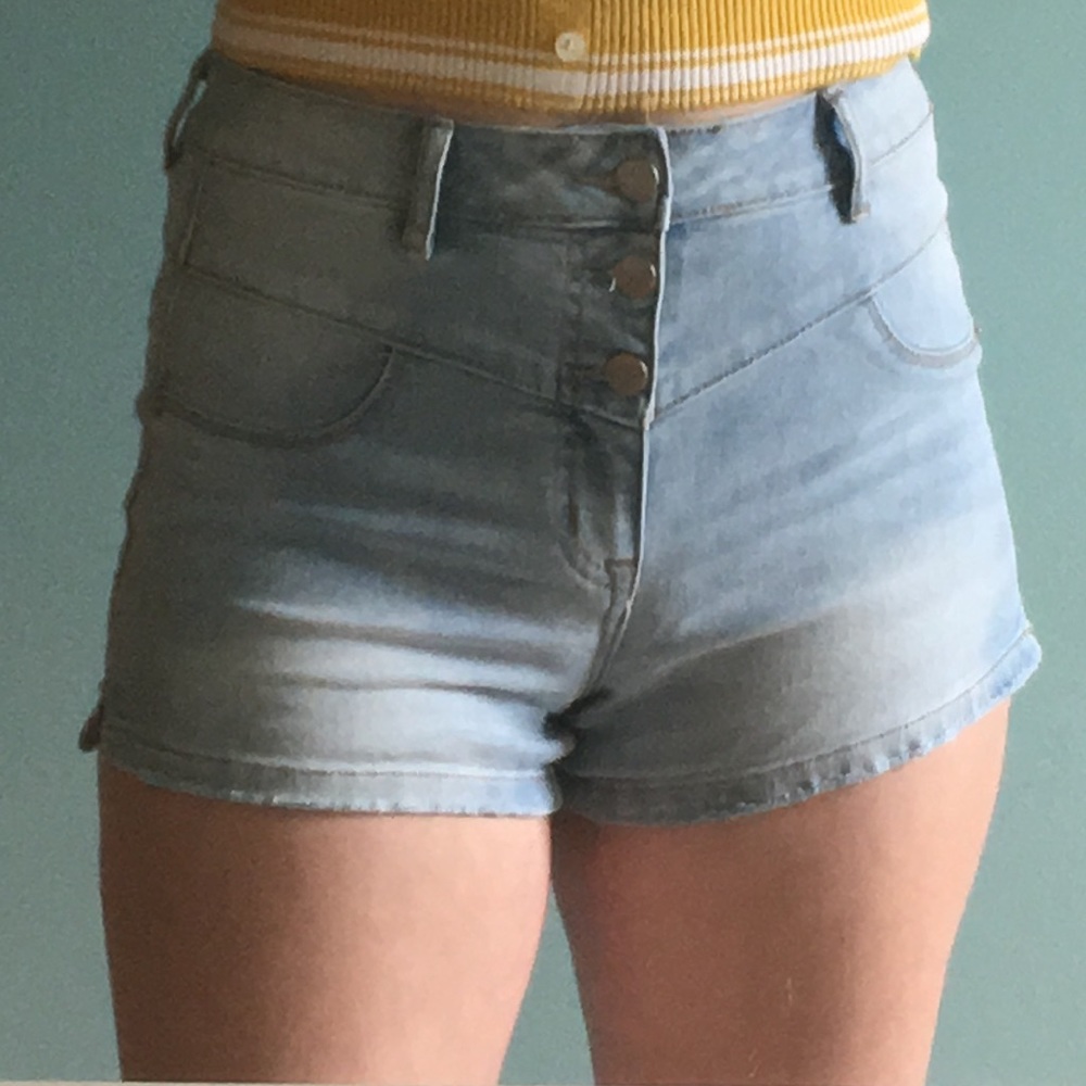 High rise three button denim jean shorts